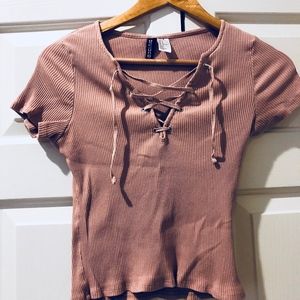 Light Pink, Lace-up Cropped Tee